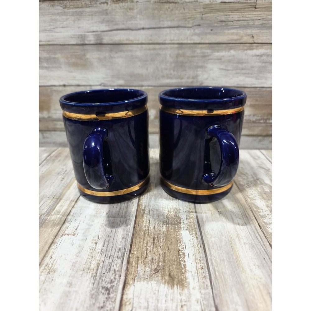 Set of 2 Navy Blue Ceramic Mugs with Gold Bass Fish Design and Gold Trim USA - Picture 3 of 9
